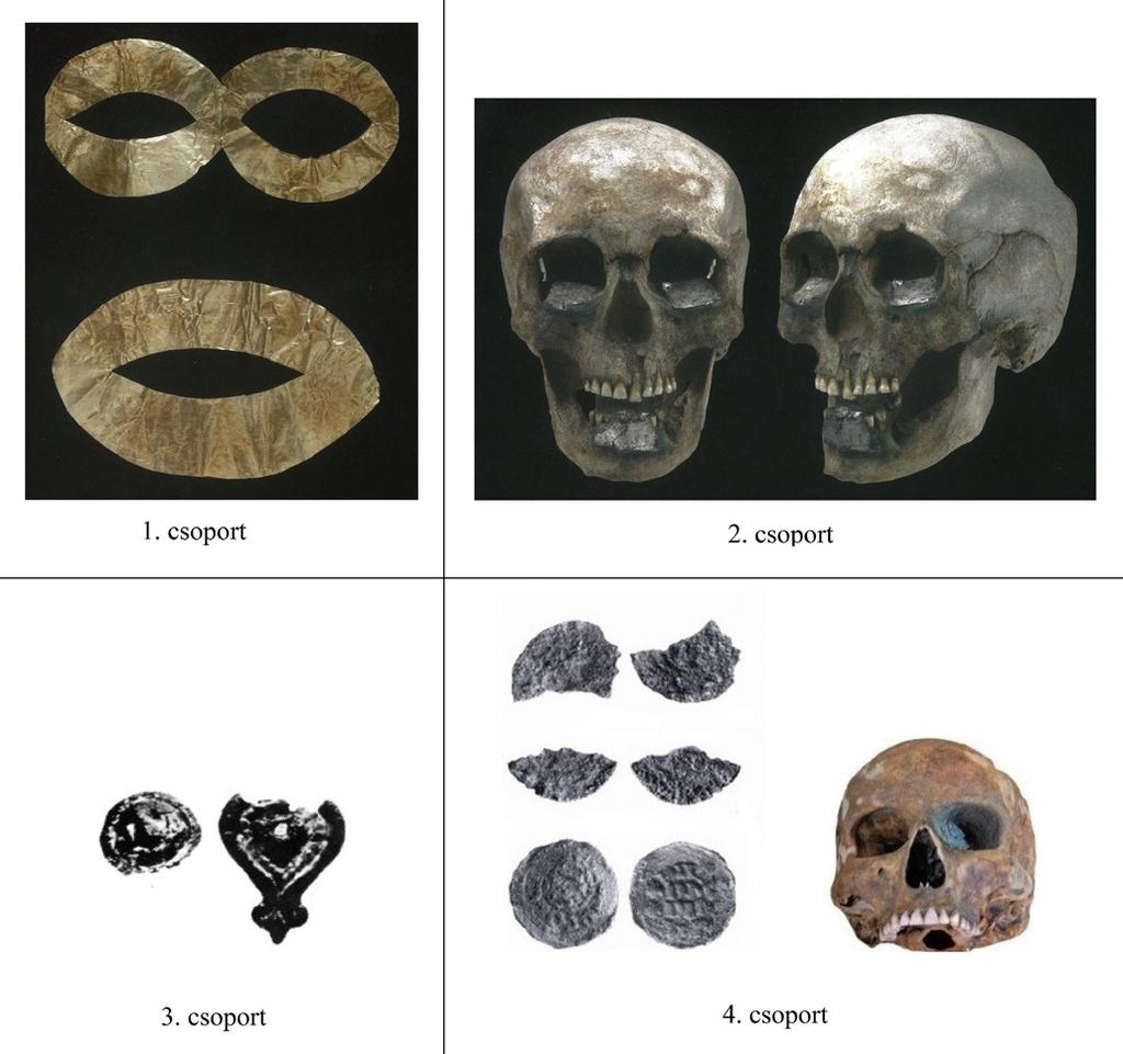 34 1. kép: A szemfedőként meghatározott, a koponyát borító halotti lepelre felvarrt vagy csupán a koponya szemüregeire és szájüregére helyezett fémleletek négy formai csoportja (1.
