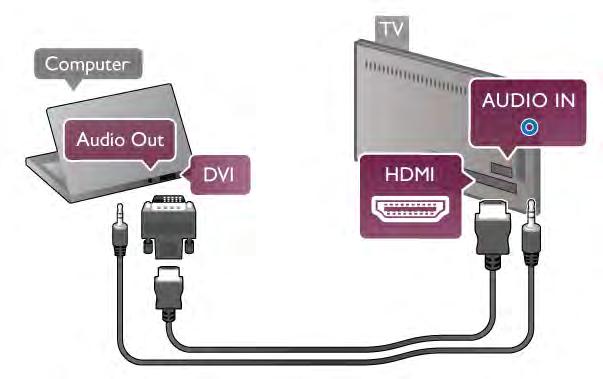 DVI HDMI csatlakozással DVI HDMI adapterrel is csatlakoztathatja a számítógépet a TVkészülék HDMI csatlakozójához, a hangátvitelhez pedig audio L/R kábelt csatlakoztathat a TV-készülék hátlapján