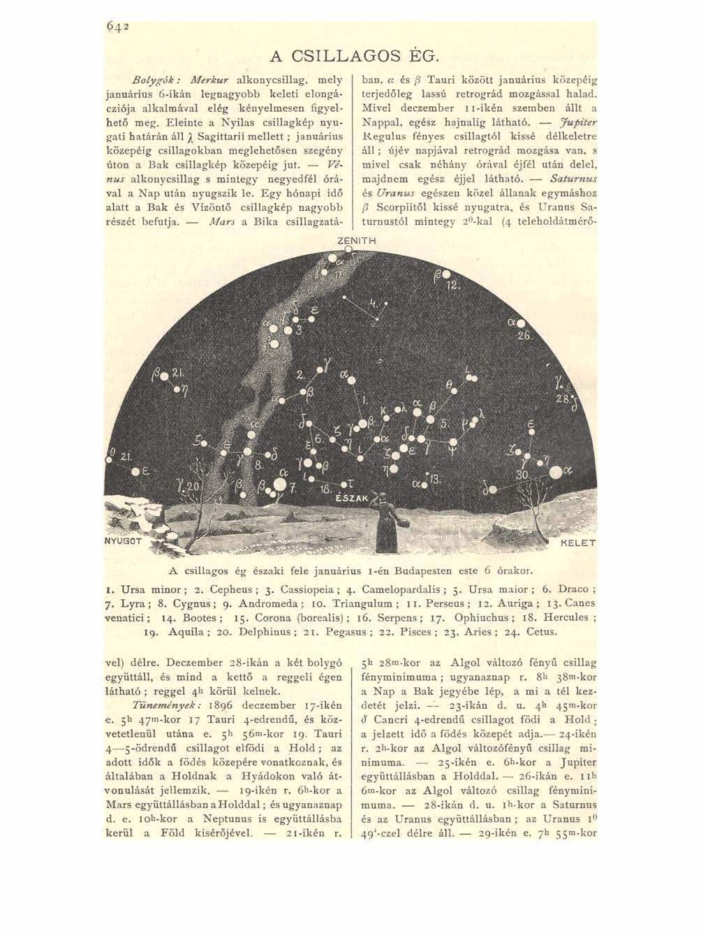 6 4 2 A CSILLAGOS EG. ZENITH B o ly g ó k : M erkúr alkonycsillag, mely januárius 6-ikán legnagyobb keleti elongácziója alkalmával elég kényelmesen figyelhető meg.