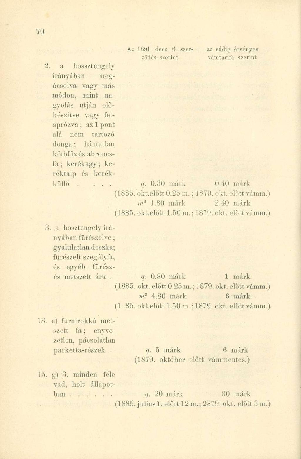 Az 1891. doez. 6. szer- az eddig érvényes ződés szerint vámtarifa szerint 2.