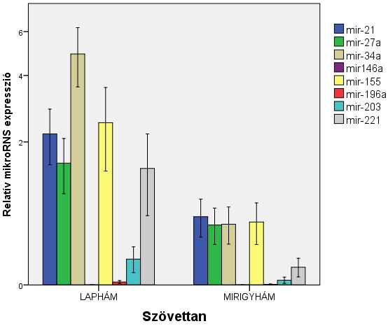 9. ábra: Szövettani típus szerinti (SCC és ACC) mirns expressziós eltérések (relatív expresszió, 5SrRNS), a hibasávok a 95%-os konfidencia intervallumot jelölik A szövettani típusok (laphám ill.