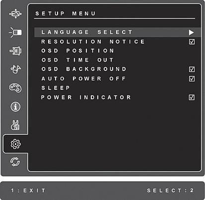 Vezérlés Magyarázat Setup Menu (Beállítások menü) az alábbi menüt jeleníti meg: Language Select (Nyelv): lehet vé teszi a menükben és vezérl kijelz kben használt nyelv kiválasztását.