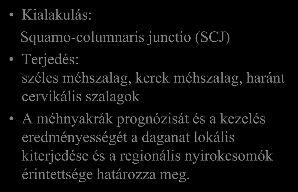 A primer tumor kiindulása és lokális Kialakulás: terjedése Squamo-columnaris junctio (SCJ) Terjedés: széles méhszalag, kerek méhszalag, haránt