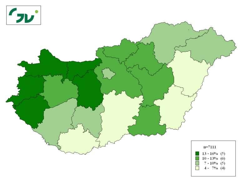 6.3. Területi egyenlıtlenségek Legnagyobb arányban a Zala (16%), Gyır-Moson-Sopron (15%), Vas (14%) és Komárom-Esztergom (14%) megyékben tapasztalnak toborzási nehézséget a vállalatok.