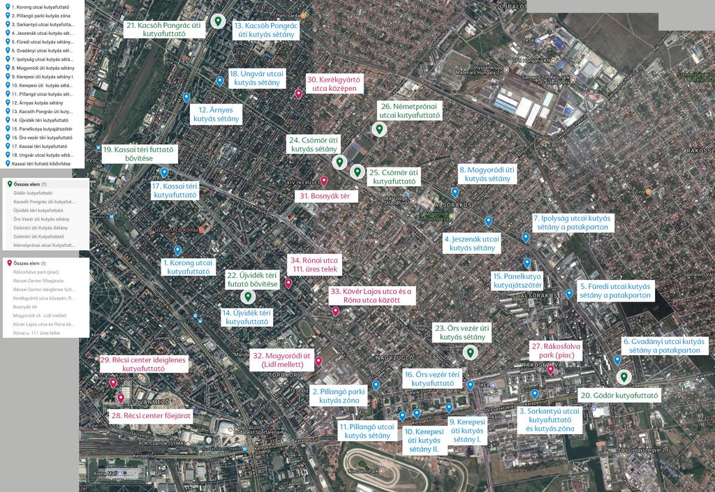Zuglói Futtató fejlesztési tervezet 2018. A zuglói kutyás élet helyszíneinek összegzése Meglátogatott futtatók (Kék pontok): 1. Korong utcai kutyafuttató 2. Pillangó parki kutyás zóna 3.