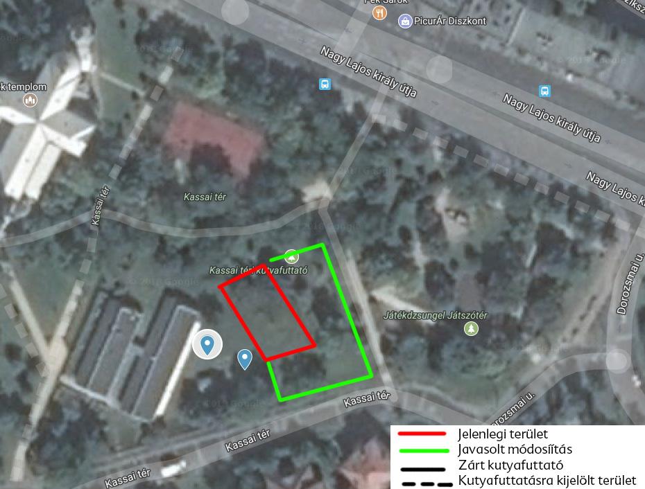 A Futtató Roadshow alkalmával beérkezett helyszín javaslatok (Zöld pontok): 19. Kassai téri futtató bővítése 20. Gödör kutyafuttató 21. Kacsóh Pongrác úti kutyafuttató 22.