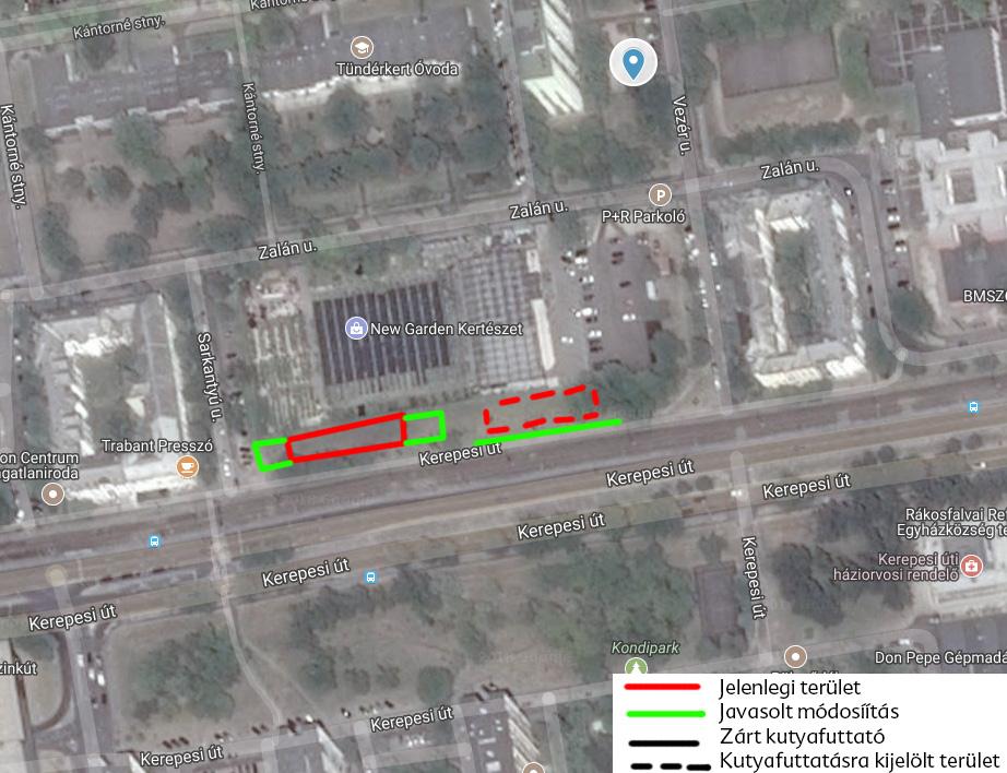 Vezér utca közötti szakaszon) (kerítéssel ellátott terület: 420 m2-es területtel nőtt a meglévő kutyafuttató területe, Nyílt és zárt összesen: