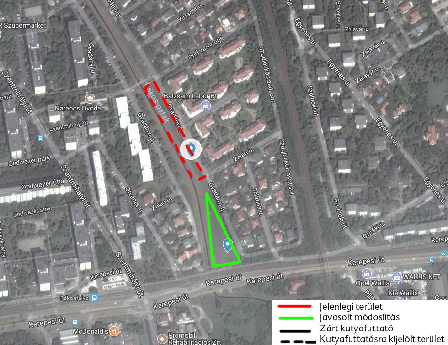 Gvadányi utcai kutyás sétány a patakparton Rákos-patak mentén, a páratlan oldalon (Gvadányi utca 13-15. között lévő szakaszon), nyílt területe 600m2 2018. április 10.