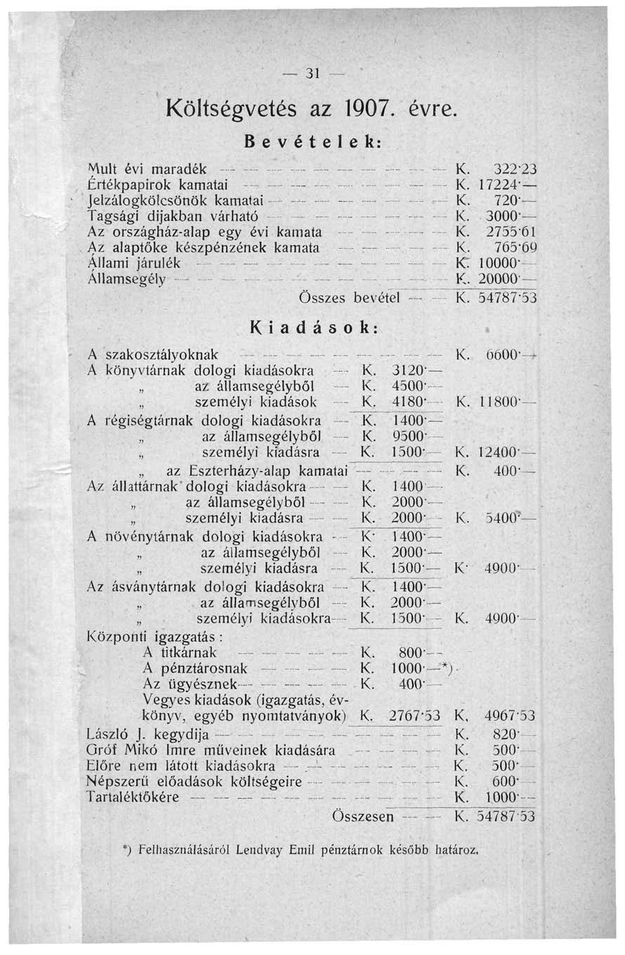 3 Költségvetés az 907 évre evételek: Múlt évi maradék - Értékpapírok kamatai - - --- - - Jelzálogkölcsönök kamatai -- agsági dijakban várható Az országház-alap egy évi kamata Az alaptőke készpénzének