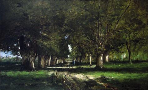 Munkácsy Mihály: Fasor / Colpach (1886; Szépművészeti Múzeum Magyar Nemzeti Galéria) szabadba kívánkozó hölgypár pihen.