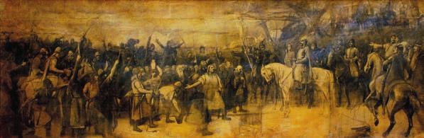Munkácsy Mihály: Honfoglalás (Árpád) / vázlat (1892; Móra Ferenc Múzeum) A Honfoglalás nagy vázlatának fényképe tollal javítva (1892 1893; fotó: ismeretlen; Munkácsy Mihály Múzeum) Munkácsy és