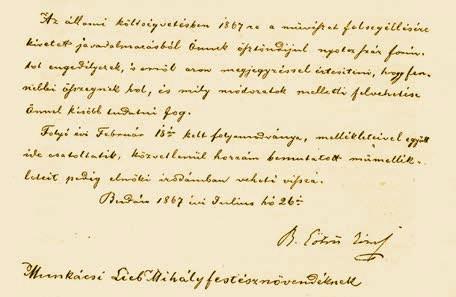 Munkácsy ösztöndíj kérelme pozitív elbírálást nyert. Báró Eötvös József vallás- és közoktatási miniszter Budán, 1867.