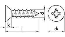 Lemezcsavarok cross recessed countersunk head tapping screws DIN 7982 acé Aak C süyesztett fejje, PH-kereszthorony Cikkszám 011 Befogószár mérete PH 1 PH 2 PH 2 PH 2 PH 2 PH 3 PH 3 dk 5,5,8 7,5 8,1