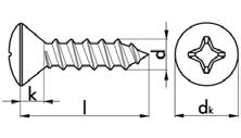 DIN 7983 acé Aak C Lemezcsavarok cross recessed raised countersunk head tapping screws encsefejje, PH-kereszthorony Cikkszám 0117 Befogószár mérete PH 1 PH 2 PH 2 PH 2 PH 2 PH 3 PH 3 dk 5,5,8 7,5 8,1