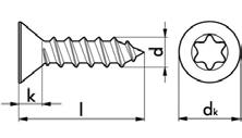 Lemezcsavarok hexaobuar socket countersunk head tapping screws Aak C süyesztett fejje, Torx acé ISO 1458 Cikkszám 211 Befogószár mérete TX 10 TX 15 TX 15 TX 20 TX TX TX 30 dk 5,5 7,3 7,5 8,4 9,3 10,3