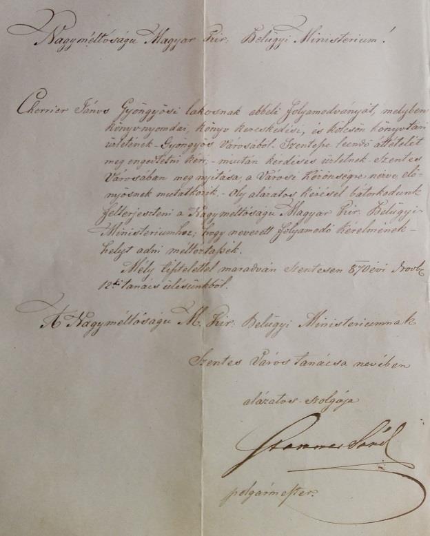 21. kép Stammer Sándor levele a Belügyminisztériumhoz, amelyben támogatását fejezi ki Cherrier János Szentesre való áttelepülése ügyében (forrás: MNL CSML Szentes, V.B.145.b. Szentes Város Tanácsának iratai [1849 1872] Tanácsi iratok, 2026/1870.
