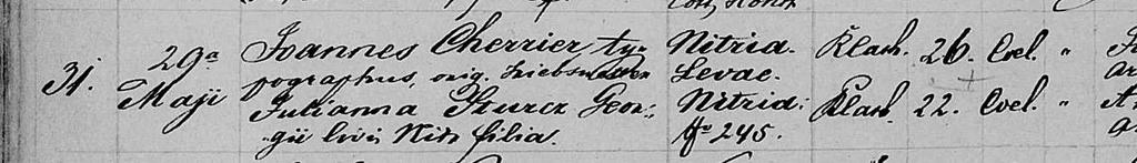 31. kép A Cherrier János és Sturcz Julianna nyitrai házasságkötéséről szóló anyakönyvi bejegyzés (forrás: https://familysearch.
