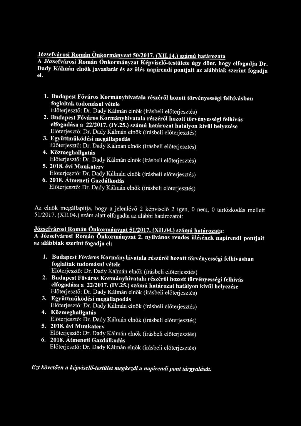 Józsefvárosi Román Önkormányzat 50/2017. (XII.14.) számú határozata A Józsefvárosi Román Önkormányzat Képviselő-testülete úgy dönt, hogy elfogadja Dr.
