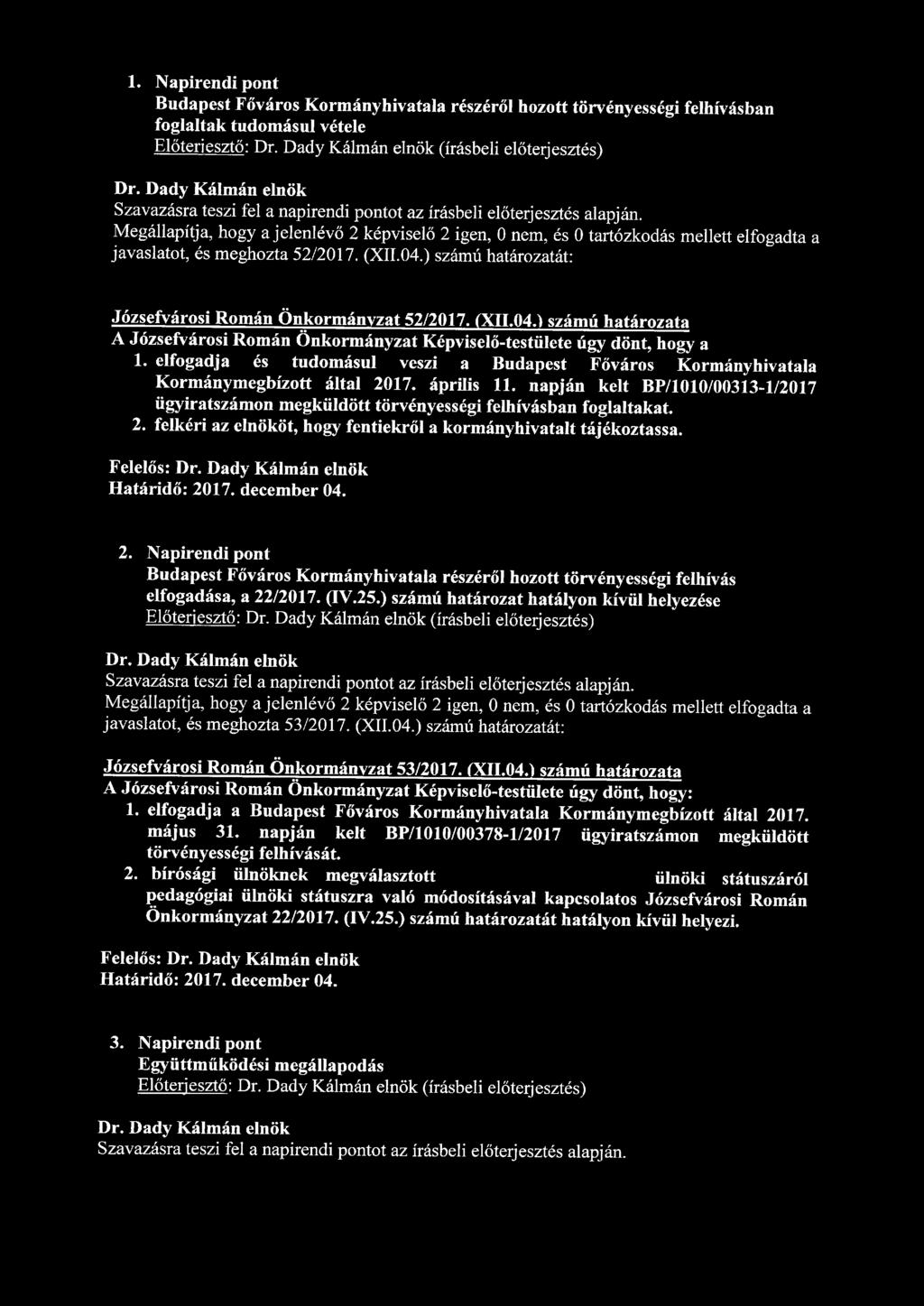 1. Napirendi pont Budapest Főváros Kormányhivatala részéről hozott törvényességi felhívásban foglaltak tudomásul vétele Dr.