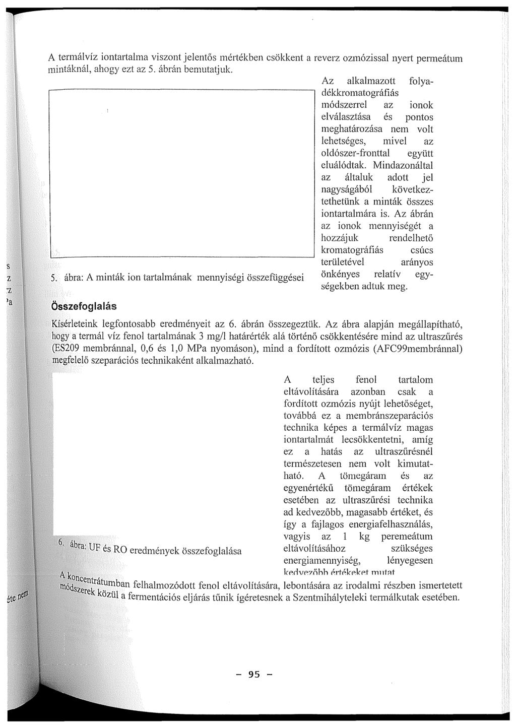A termálvíz iontartalma viszont jelentős mértékben csökkent a reverz ozmózissal nyert permeátum mintáknál, ahogy ezt az 5. ábrán bemutatjuk.