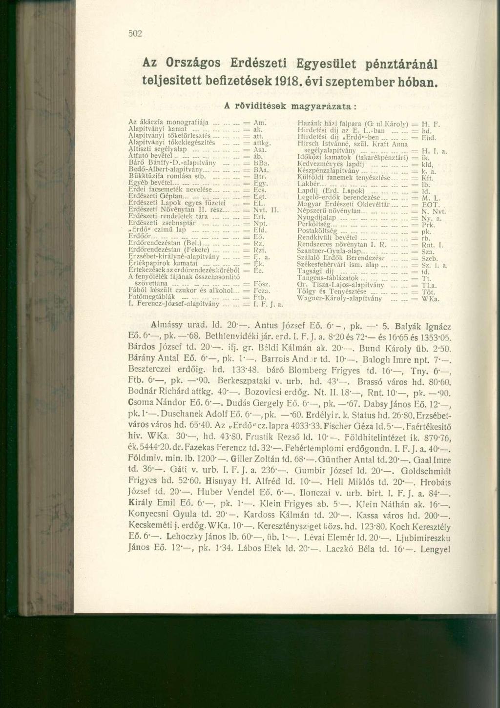 Az Országos Erdészeti Egyesület pénztáránál teljesített befizetések 1918. évi szeptember hóban. A rövidítések magyarázata: Az ákáczfa monográfiája = Am.
