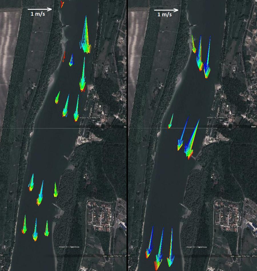 17. ábra Fixhajós mérések időátlagolt sebességvektorai közép (balra) és nagyvízi