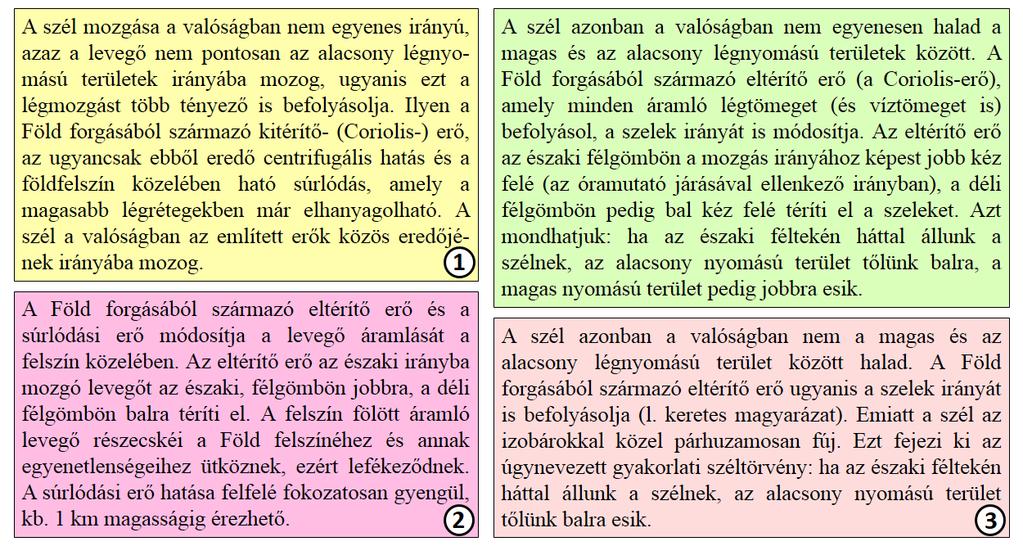 Tantárgyak határán ezt az eredeti irányt módosítja más erők jelenléte. Arra már nem térnek ki, hogy az immár módosított irányban mozgó levegőre ható eltérítő erő miért nem téríti el még jobban.