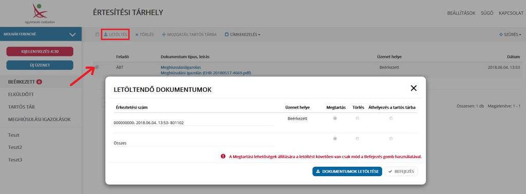 A megjelenő LETÖLTENDŐ DOKUMENTUMOK panelen kattintson a DOKUMENTUMOK LETÖLTÉSE gombra.