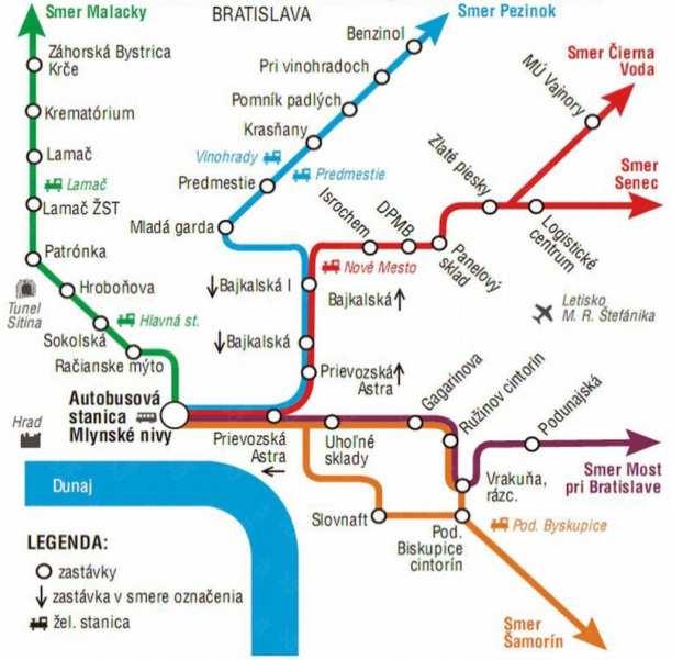 Obr. 1.5.4.4.-1: Hlavné dopravné uzly a nástupné miesta prímestskej autobusovej dopravy; Zdroj: http://www.cas.sk/clanok/220746/primestskeautobusy-jazdia-aj-po-bratislave-niekde-oproti-mhd-usetrite.