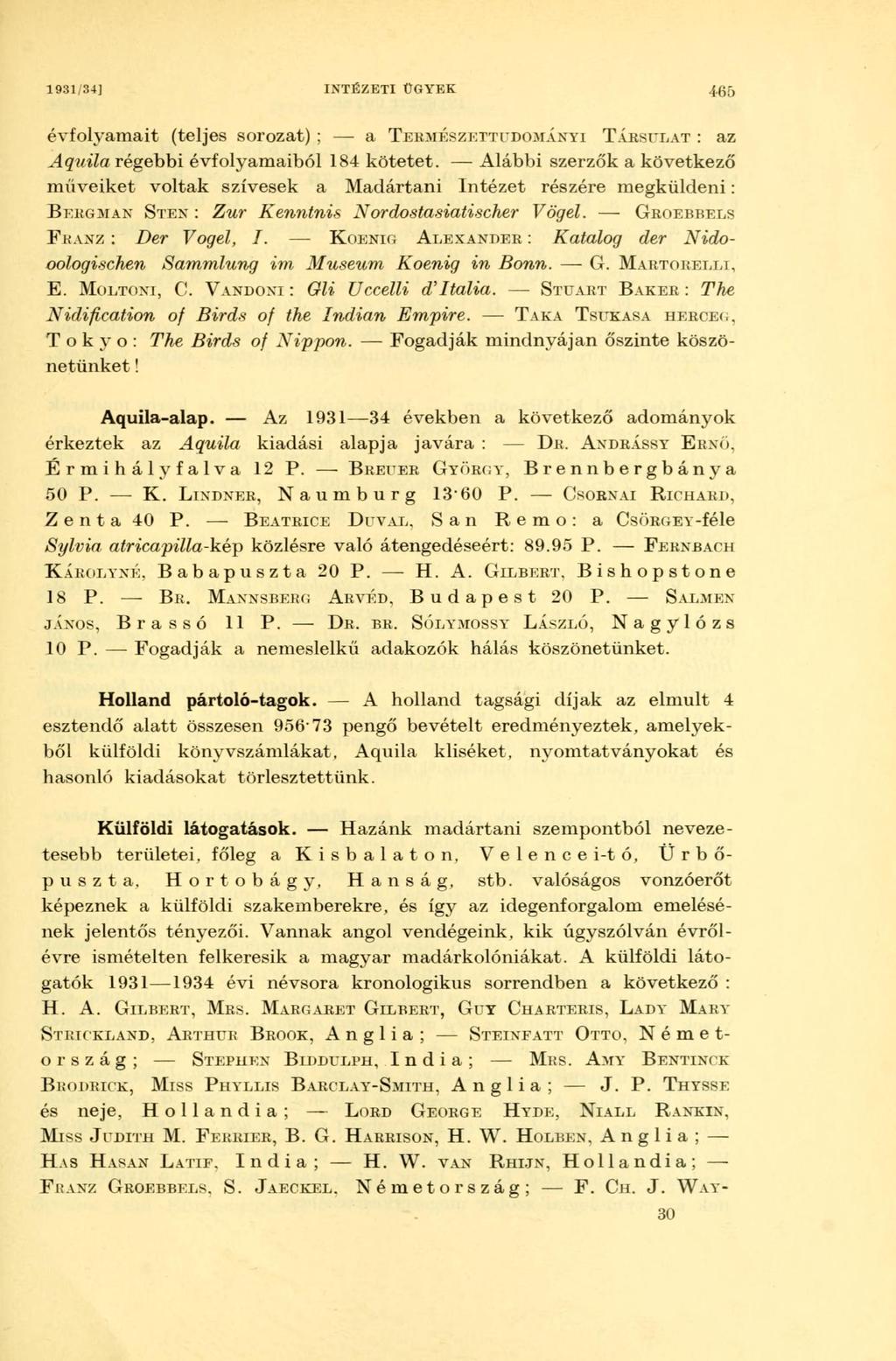 1931/34] INTÉZETI ÜGYEK 4-65 évfolyamait (teljes sorozat) ; a TERMÉSZETTUDOMÁNYI TÁRSULAT : az Aquila régebbi évfolyamaiból 184 kötetet.
