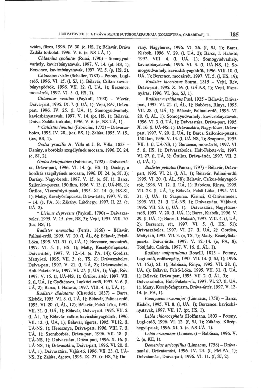 HORVATOVICH S.: A DRÄVA MENTE FUTOBOGÄRFAUNÄJA (COLEOPTERA, C A R A B I D A E ), П. sztára, füzes, 1996. IV. 30. (e, HS, 1); Bélavár, Dráva Zsdála torkolat, 1996. V. 6.