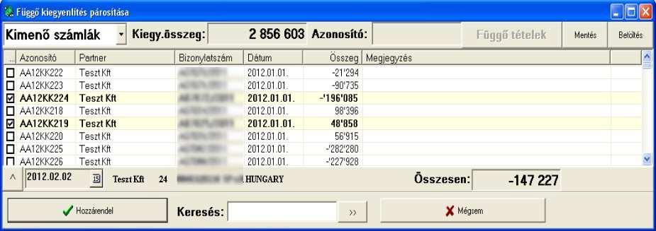 4.2. Függő tételek A banki importból automatikusan be nem sorolt tételek a függő tételekhez kerülnek, innen adhatjuk meg, hogy melyik kimenő/bejövő számla tartozik a tételhez.