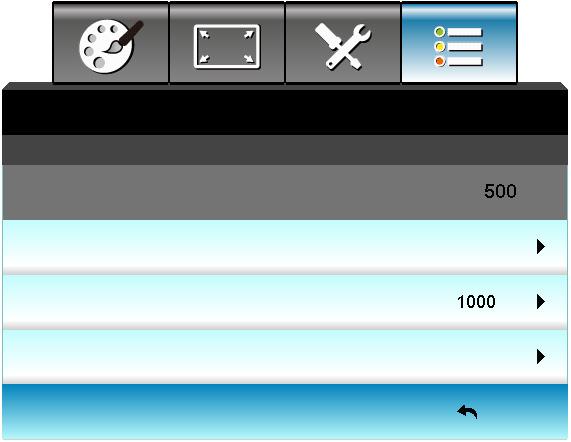A KIVETÍTŐ HASZNÁLATA Információ A kivetítő adatainak megjelenítése. Információ Sorozatszám F/W verzió Fő MCU LAN Current Input Source Felbontás Refresh Rate Lámpaóra Világos Eco.