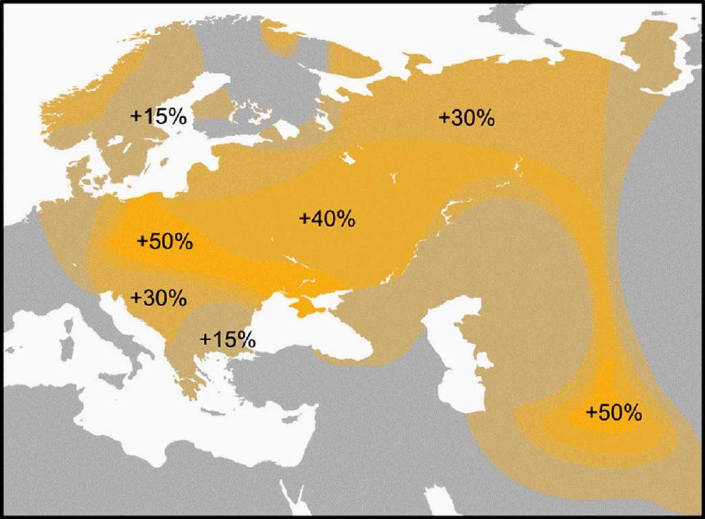 13. ábra: Az R1a Y-DNS haplotípus mai megoszlása Eurázsiában (eupedia.com) Az N1a MtDNS haplocsoport története igazolja részleges visszavándorlásunk tényét, keletről nyugatra.