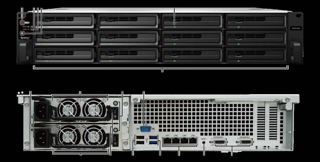 A Synology RackStation nagy vonalakban No. Cikk neve Hely Leírás 1) Tápfeszültség gomb 1. Nyomja meg a RackStation bekapcsolásához. 2.