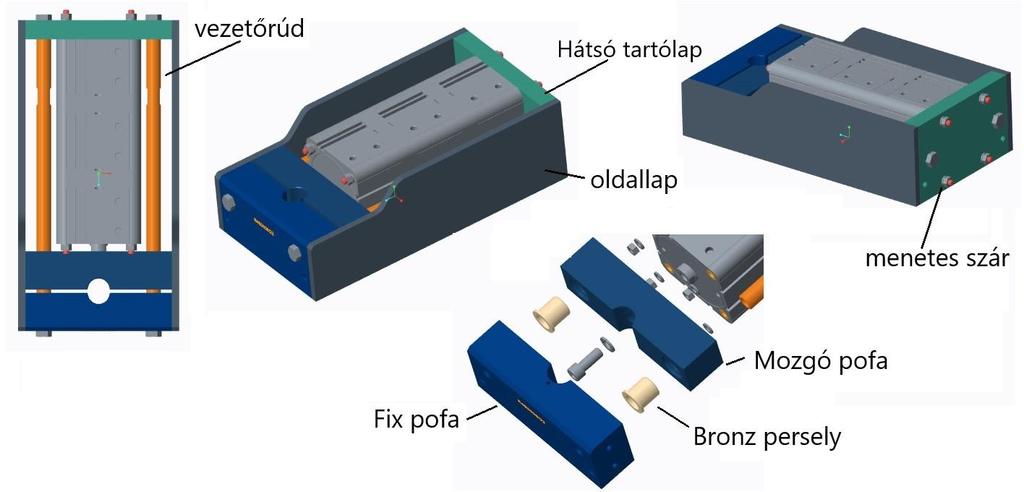 ábra Pneumatikus satu prototípus A 30-as ábrán látható módon, az oldallapot a fix pofához és a hátsó tartólaphoz csavaros megoldással tervezem szorítani, ehhez azonban