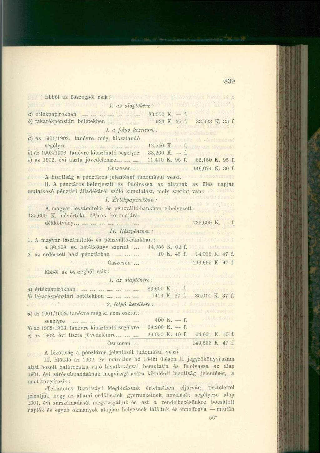 839 Ebből az összegből esik : I. az alaptökére: a) értékpapírokban...... 83,000 K. f. b) takarékpénztári betétekben 923 K. 35 f. 83,923 K. 35 f. 2. a folyó kezelésre: a) az 1901/1902.
