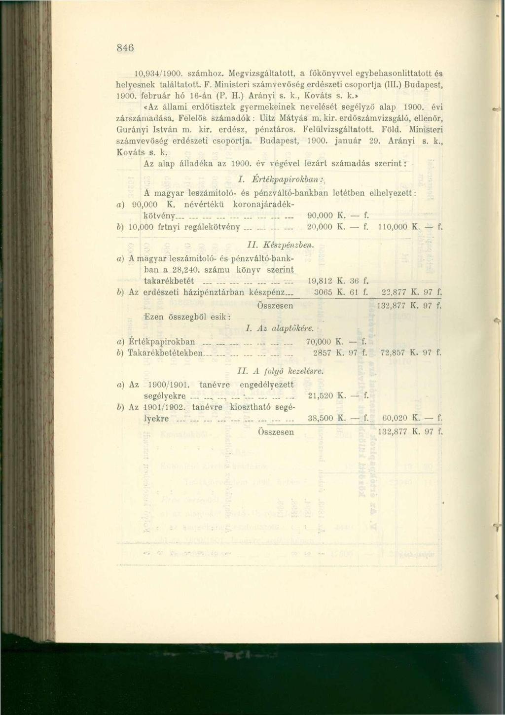 846 10,934/1900. számhoz. Megvizsgáltatott, a főkönyvvel egybehasonlittatott és helyesnek találtatott. F. Ministeri számvevőség erdészeti csoportja (III.) Budapest, 1900. február hó 16-án (P. H.