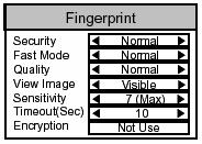 Ha a Fingerprint /Ujjlenyomat/ pontot választja, a következő menük jelennek meg a kijelzőn. Ebben a leírásban az alapértelmezett beállítások vastag betűvel vannak szedve.