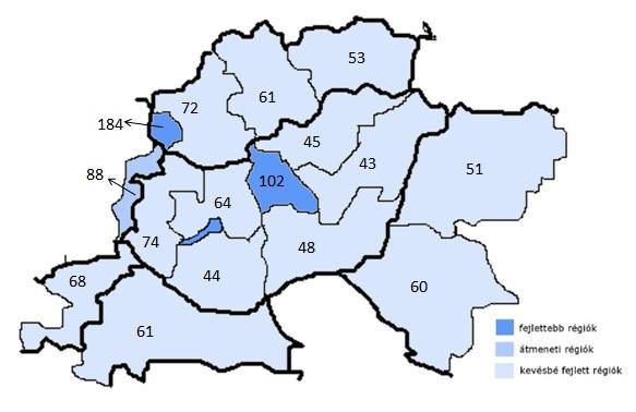 régióinak fejlettségi szintje (PPP-n mért GDP/fő) az EU átlagához viszonyítva a kohéziós