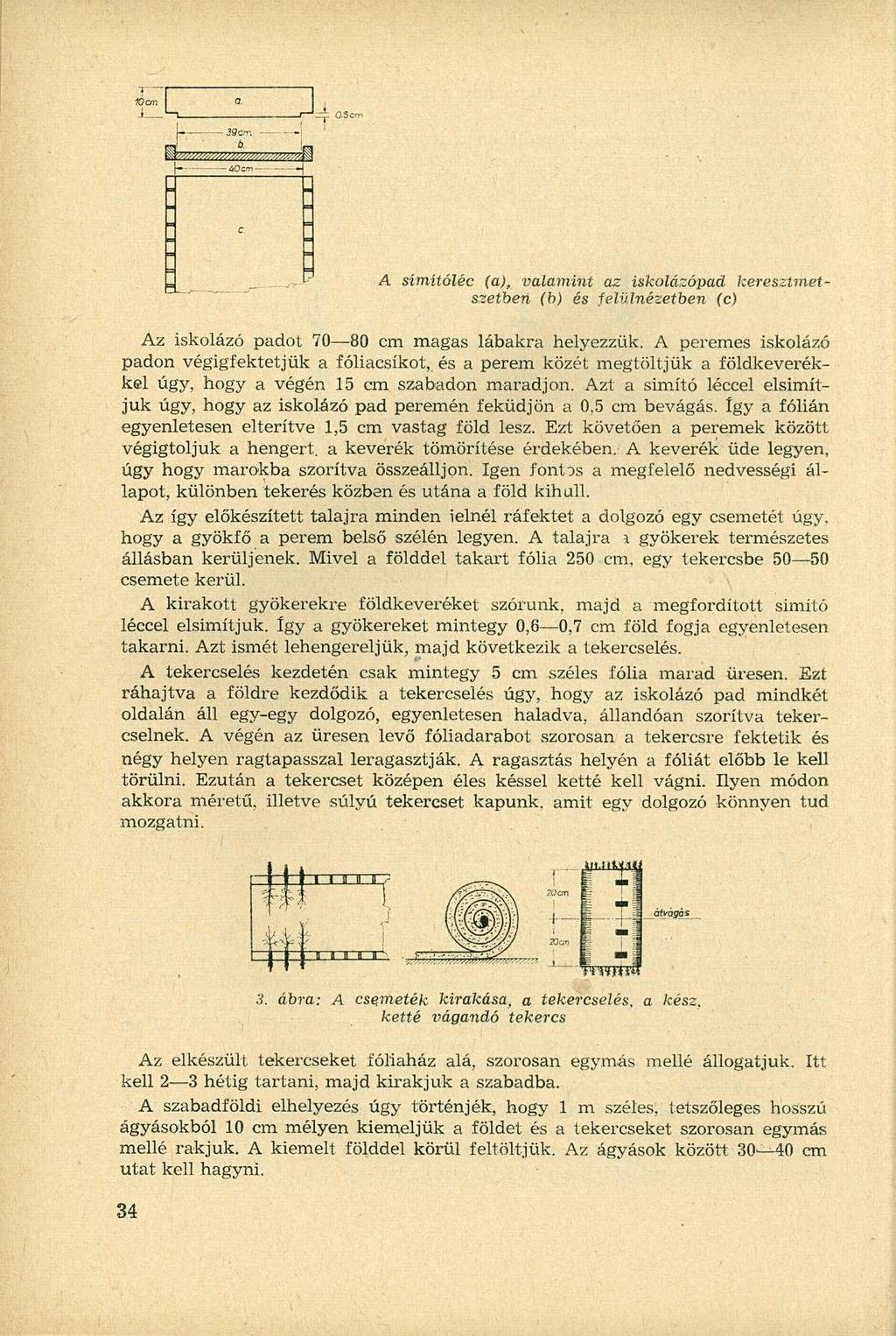 A símítóléc (a), valamint az iskolázópad keresztmetszetben (b) és felülnézetben (c) Az iskolázó padot 70 80 cm magas lábakra helyezzük.