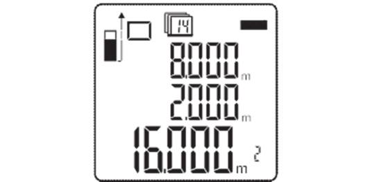 15. Felület mérés Ez a funkció kizárólag téglalap alakú felületek mérésére alkalmas. 1. Nyomja meg a gombot a felületméréshez (J). A kijelző felső részén megjelenő négyszög jelzi a felületmérést.