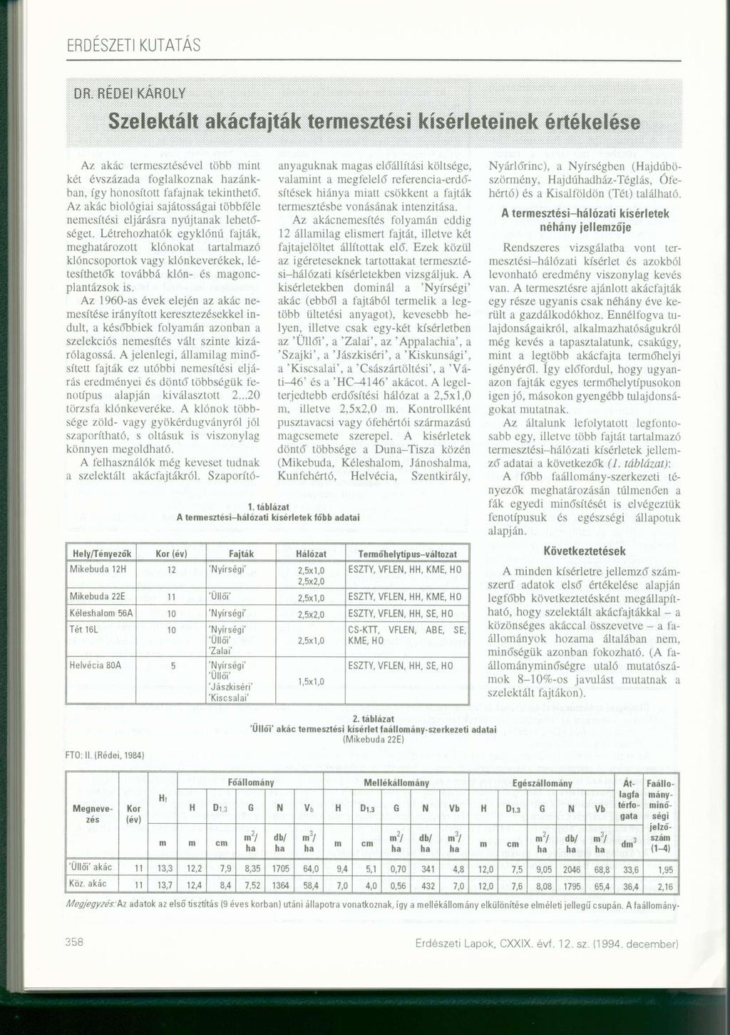 DR. RÉDEI KÁROLY Szelektált akácfajták termesztési kísérleteinek értékelés e Az akác termesztésével több mint két évszázada foglalkoznak zánkban, így honosított fafajnak tekinthető".