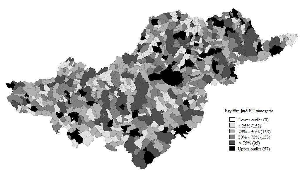 Jövedelmek és EU támogatások eloszlása (Észak-magyarországi régió, LAU2) Támogatások: több hot spot Városok szerepe: 610 település 47 városa az összes támogatás