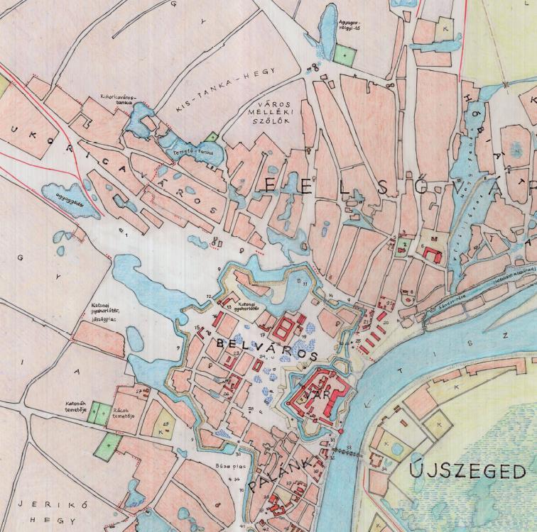 25. ábra Szeged és Újszeged a 18. század végén 1790 körül Készítette: Kratochwill Mátyás Forrás Szeged Várostörténeti Atlasza 2014.