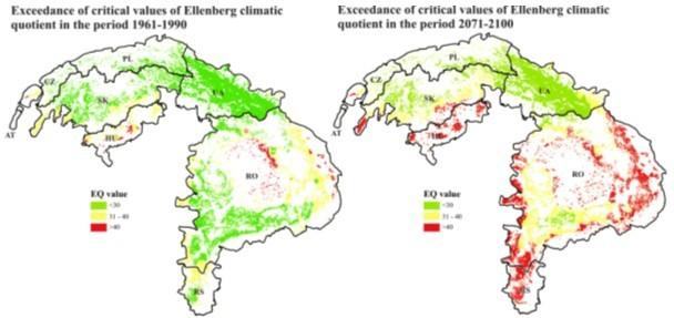 Ellenberg-féle klimatikus hányados a Kárpátok bükköseiben 1961-1990 és 2071-2100 EQ<30