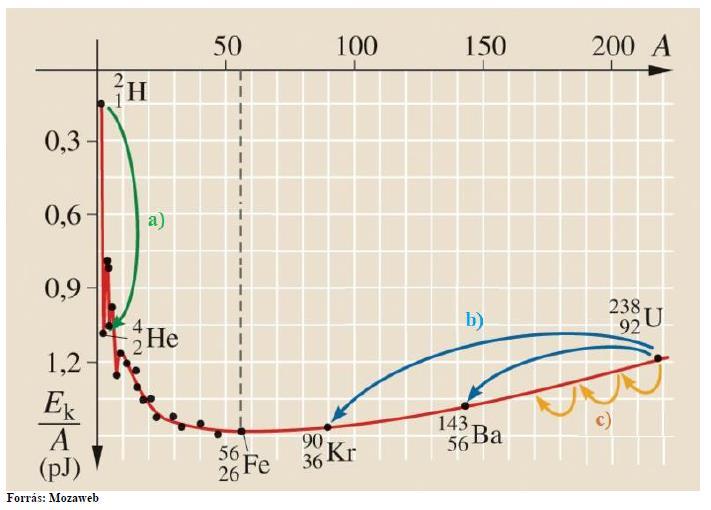 17. Az atommag stabilitása egy nukleonra jutó kötési energia Az alábbi grafikon segítségével elemezze, hogyan változik az atommagokban lévő nukleonok kötési energiája az atommag tömegszámának