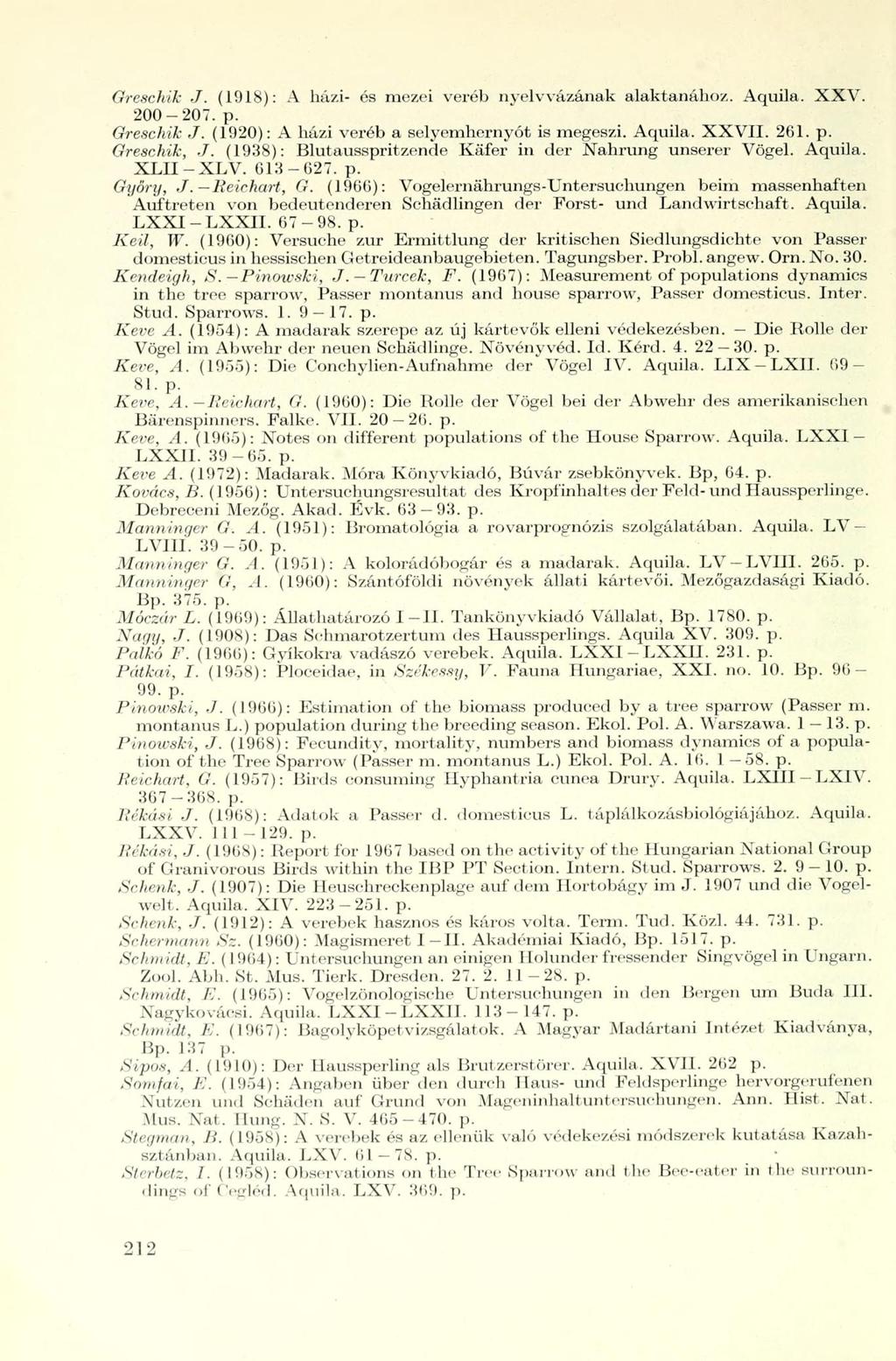 Greschik J. (1918): A házi- és mezei veréb nyelvvázának alaktanához. Aquila. XXV. 200-207. p. Greschik J. (1920): A házi veréb a selyemhernyót is megeszi. Aquila. XXVII. 261. p. Greschik, J.