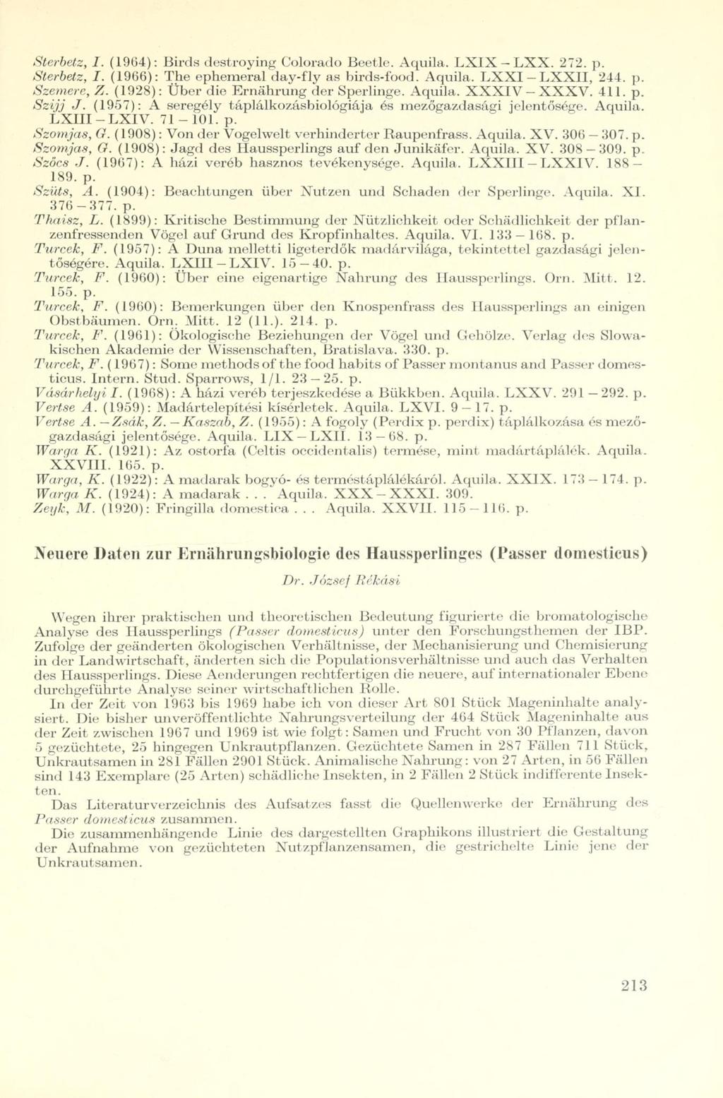 Sterbetz, I. (1964): Birds destroying Colorado Beetle. Aquila. LXIX-LXX. 272. p. Sterbetz, I. (1966): The ephemeral day-fly as birds-food. Aquila. LXXI-LXXII, 244. p. Szemere, Z.
