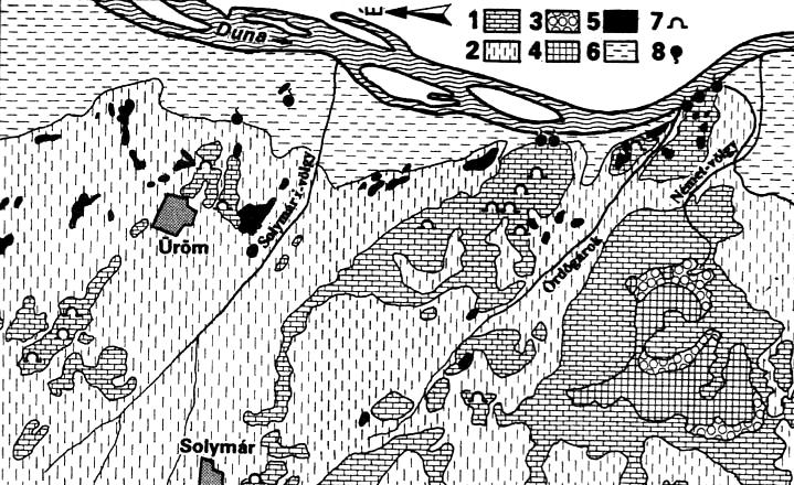 kavicsos üledék (felső miocén-pliocén); 4. mésztufa (felső miocén-pliocén); 5.